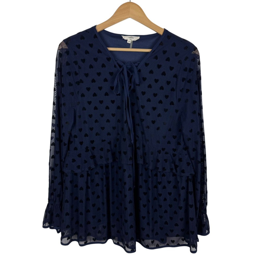 Entro Womens Velvet Heart Top Sz‎ M Blue Sheer Long Sleeve Tiered Dark Romantic
